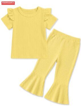 2-Piece Toddler Girls Ruffle Short Sleeve Set Ribbed Top & Flare Pants
